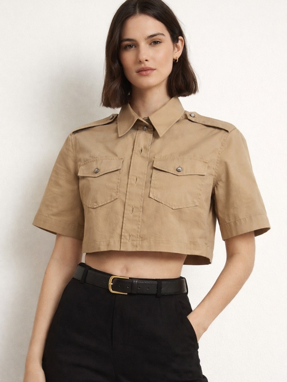 Sandro Tan‎ Cropped Button-Up Shirt